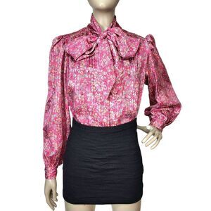 VTG 70s Pink Abstract Floral PussyBow Puff Balloon Sleeve Satin Striped Blouse